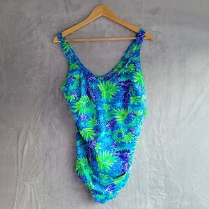 Vintage CHRISTINA Tropical Blue & Green Floral One Piece Swim Suit Size 22W44